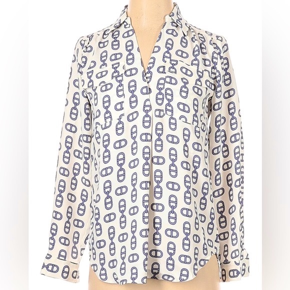 ⭐️ANN TAYLOR⭐️ Chain Print Popover long sleeve blouse size L PETITE - No Flaws✅ - Picture 2 of 7